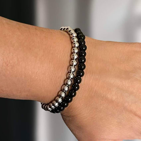 Black & Silver Bead Stretch Bracelets ~ 2 PC